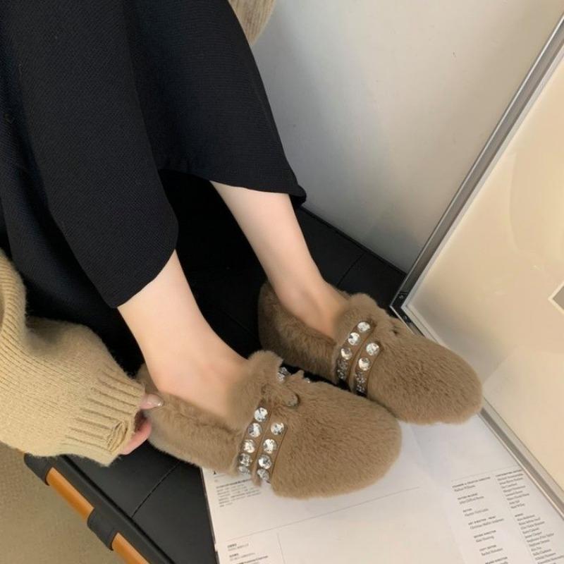 Модные роскошные меховые мокасины с крупными бусинами и кристаллами, женские зимние элегантные теплые туфли на плоской подошве для женщин, удобные плюшевые туфли без застежек на каждый день