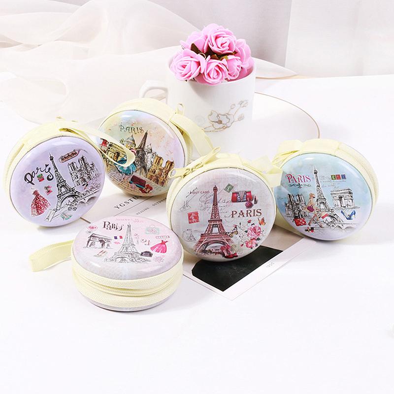1Pc Creative Round Tinplate Coin Wallet Cartoon Storage Box Small Headphone Cable Mini Zipper Bag