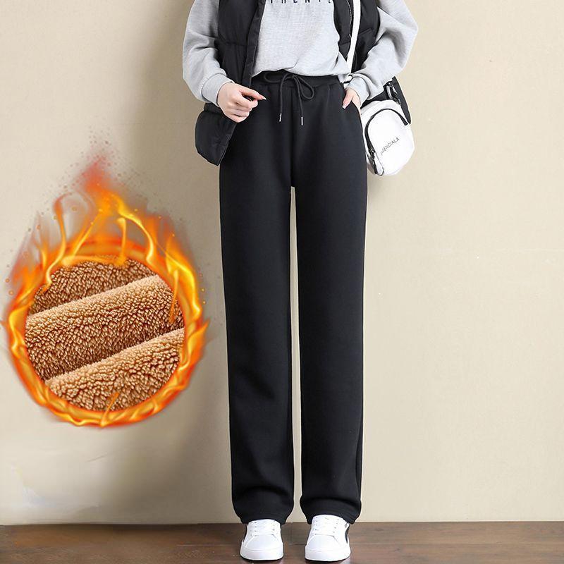 Осенне-зимние теплые брюки из ягненка, женские повседневные свободные широкие утепленные брюки, женские уличные прямые флисовые брюки