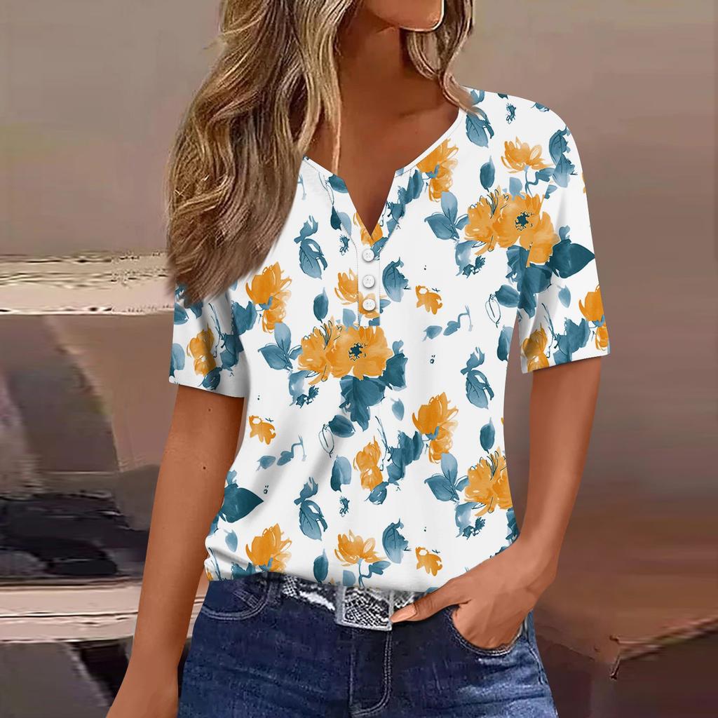 Women's T Shirt Tee Print Button Short Sleeve Daily Weekend Fashion Basic V- Neck Regular Top