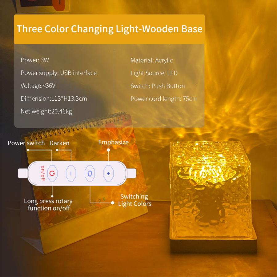 Dynamic Rotating Water Ripple Projector Night Light 16 Colors Flame Crystal Lamp Dimmable Table Lamp for Living Room Study Room
