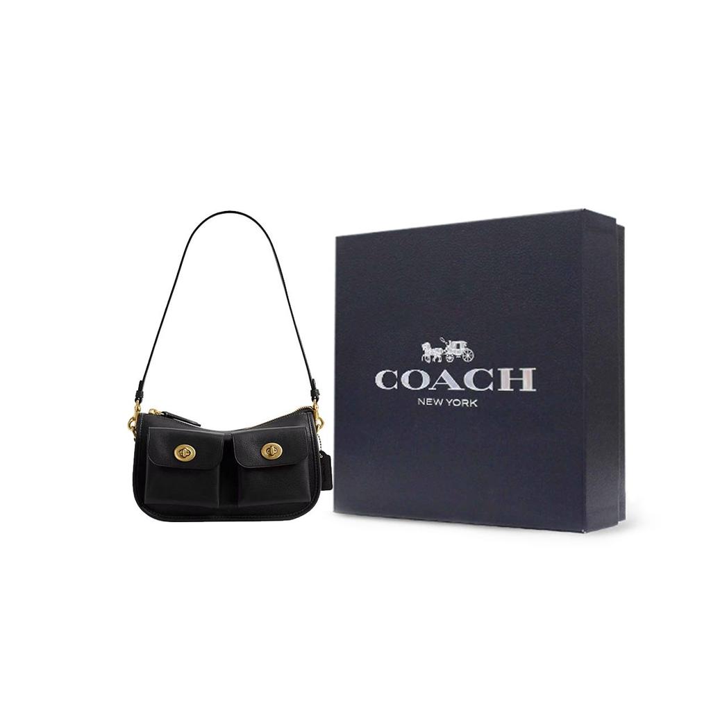 Coach Waverly 24 Double Turn Lock Design Natural Grain Leather Shoulder Bag Medium Women Shoulder Bag Black CDZ20-B4BK