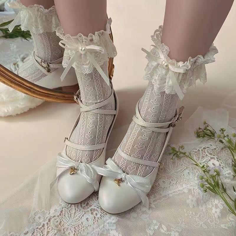 Women's Summer Spring Cotton Socks Thin White Lolita Lace Stocking Black Jk Bow Sweet Mid-leg Calf Socks Sweet Style Girls Gift