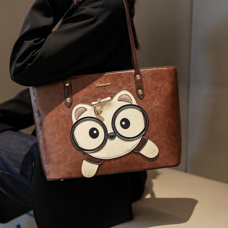 Women'S Large Capacity Red Tote Bag With Cute Panda Face Heart Cutouts Casual Outing Bridal Party Accessory Playful Design Fashion Handbag Lovers