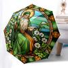 Stained Glass Window Panel, Saint Patrick's Day Decoration Umbrella, Cute Umbrella with Cute Design, Portable 3-Fold Compact Umbrella for Men & Women,