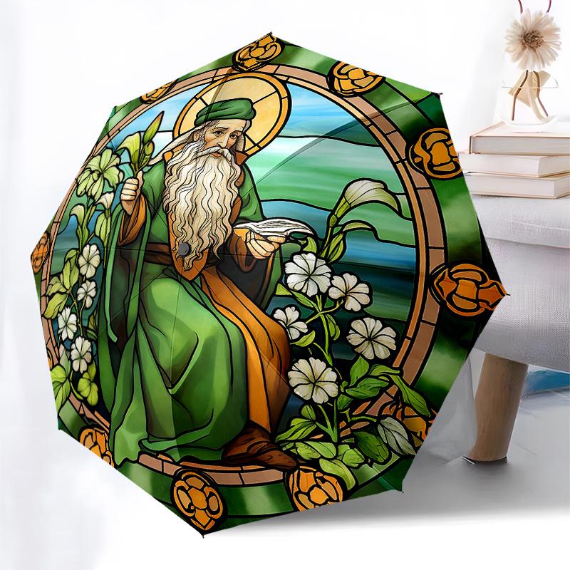 Stained Glass Window Panel, Saint Patrick's Day Decoration Umbrella, Cute Umbrella with Cute Design, Portable 3-Fold Compact Umbrella for Men & Women,