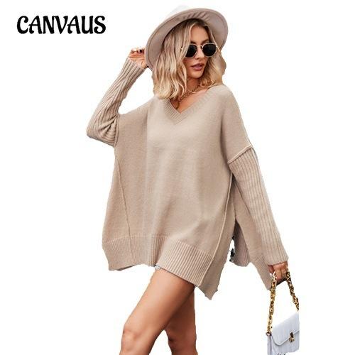 Свободный трикотажный свитер с V-образным вырезом на осень/зиму - большой размер