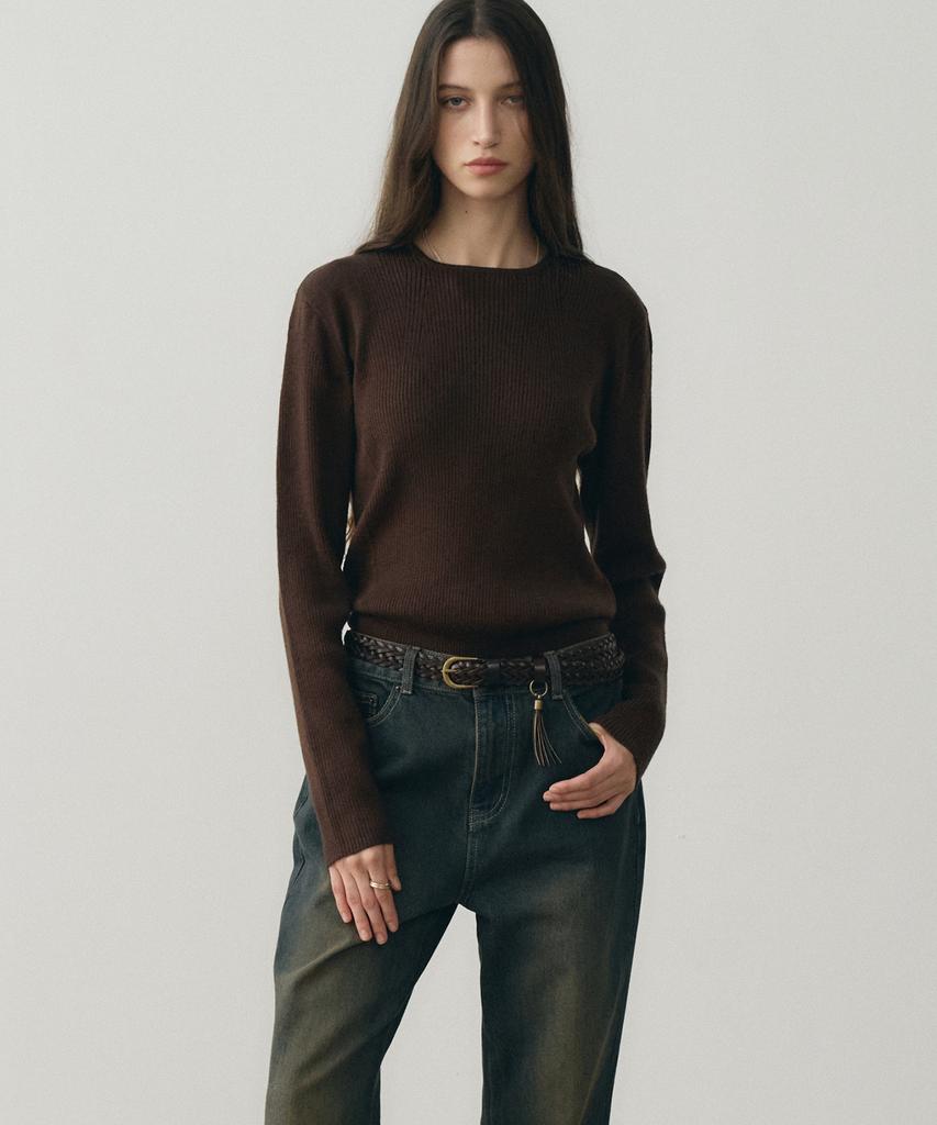 NOIRER FOR WOMAN Micro Ribbed Square Neck Knit (Deep Brown)