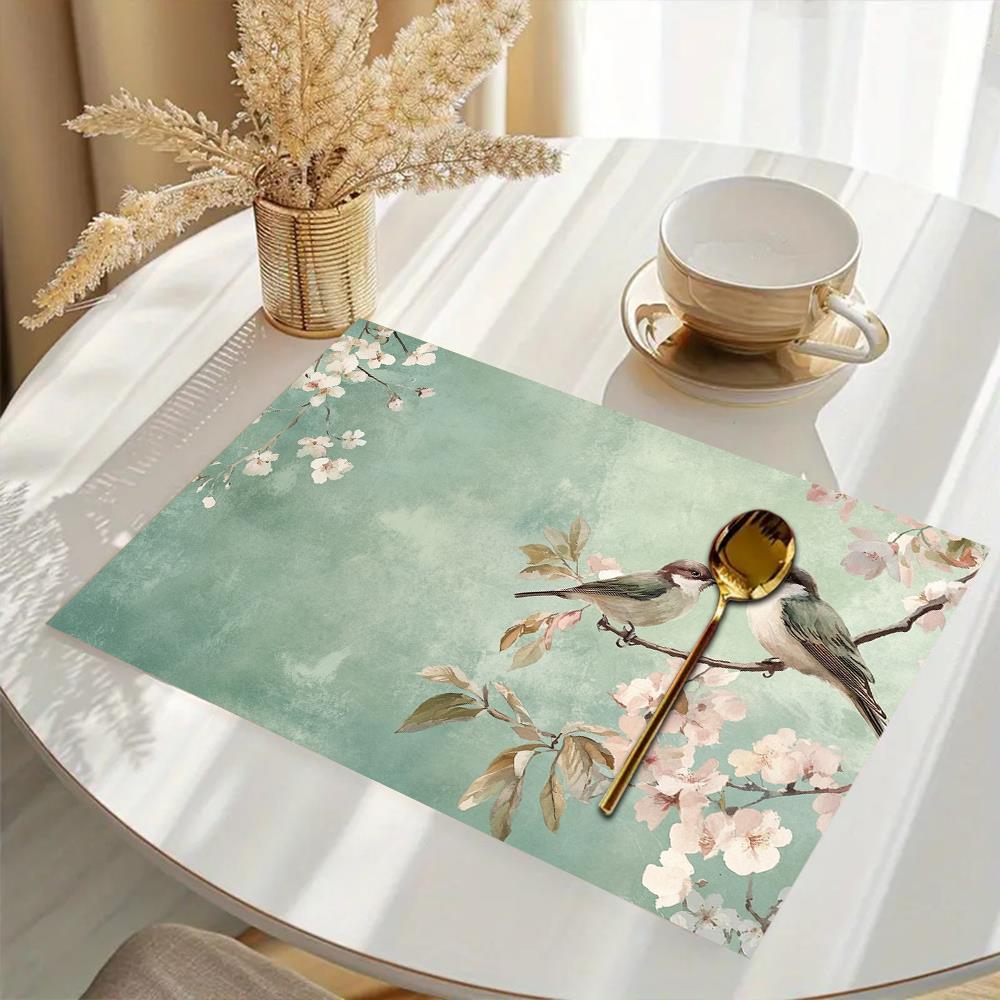 4 шт. Винтажные Цветочные Птичьи Салфетки под Тарелки - Элегантные Бирюзово-Розовые Скатерти, Прямоугольные 12x18 Дюймов, Декор для Стола на Рождество, День Благодарения, Хэллоуин