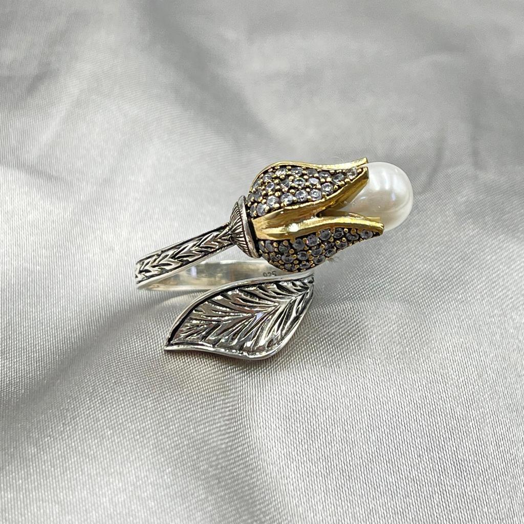 Серебряное кольцо с жемчужным тюльпаном, серебряное женское кольцо с аутентичным османским дизайном, винтажное серебряное кольцо с королевой, турецкое кольцо ручной работы