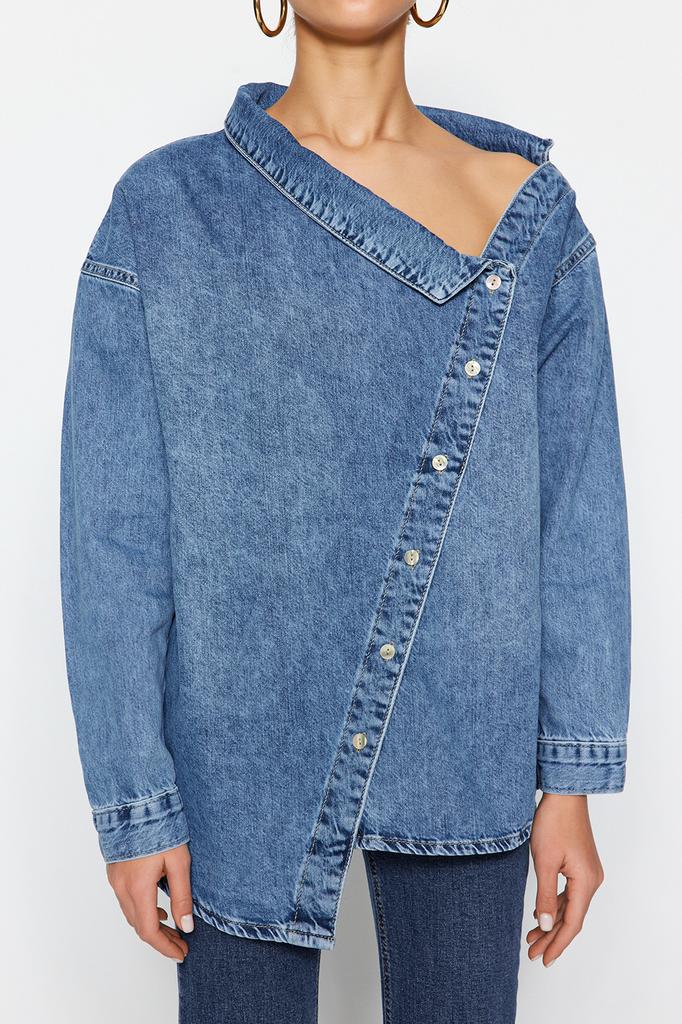 Women's Fashion New Shirt Black Asymmetrical Collar Detailed Denim Shirt