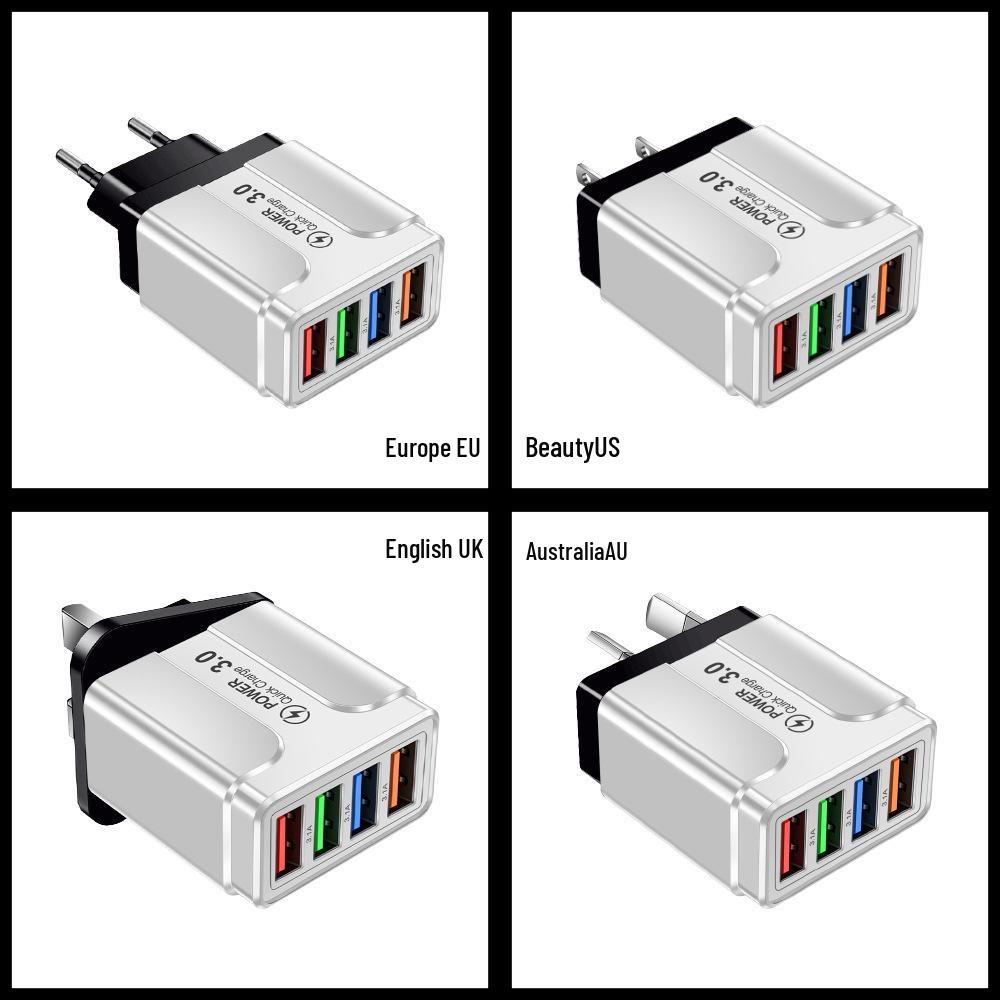 Цветное 4-портовое USB-зарядное устройство 3A для мобильных телефонов и планшетов, совместимое со стандартами ЕС, США, Великобритании и Австралии
