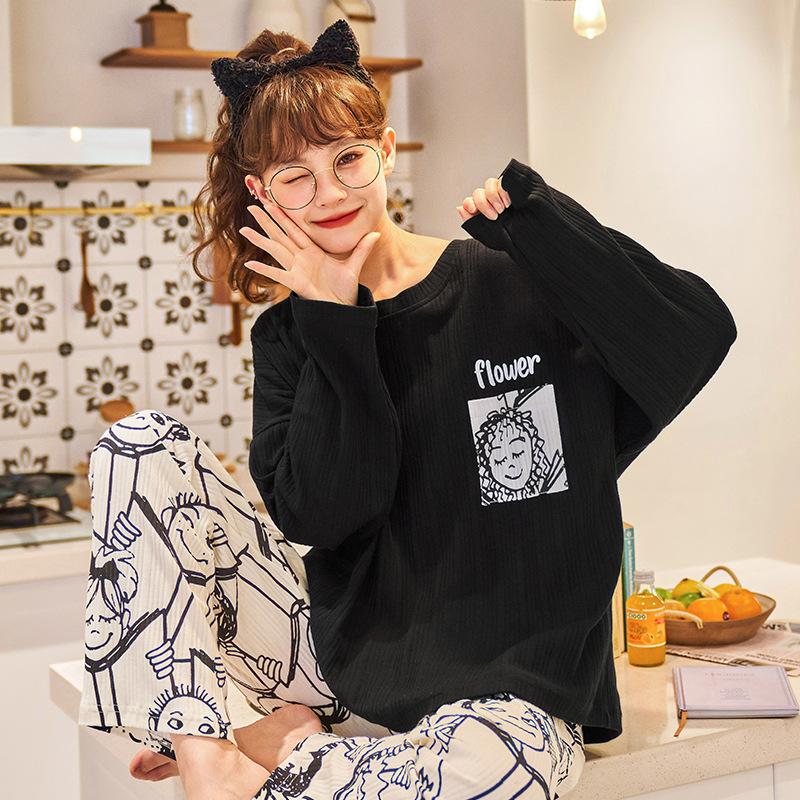 Ladies Pajamas Two-Piece Spring And Autumn Pajamas Female Long-Sleeved Cute Cartoon Loose College Style Homewear Female Suit