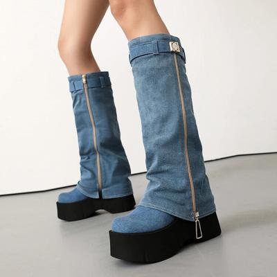Женские мотоциклетные ботинки из синего денима с заклепками, дизайн с пряжкой на ремне, толстый каблук 9 см, рыцарские ботфорты до колена, европейский американский стиль 43