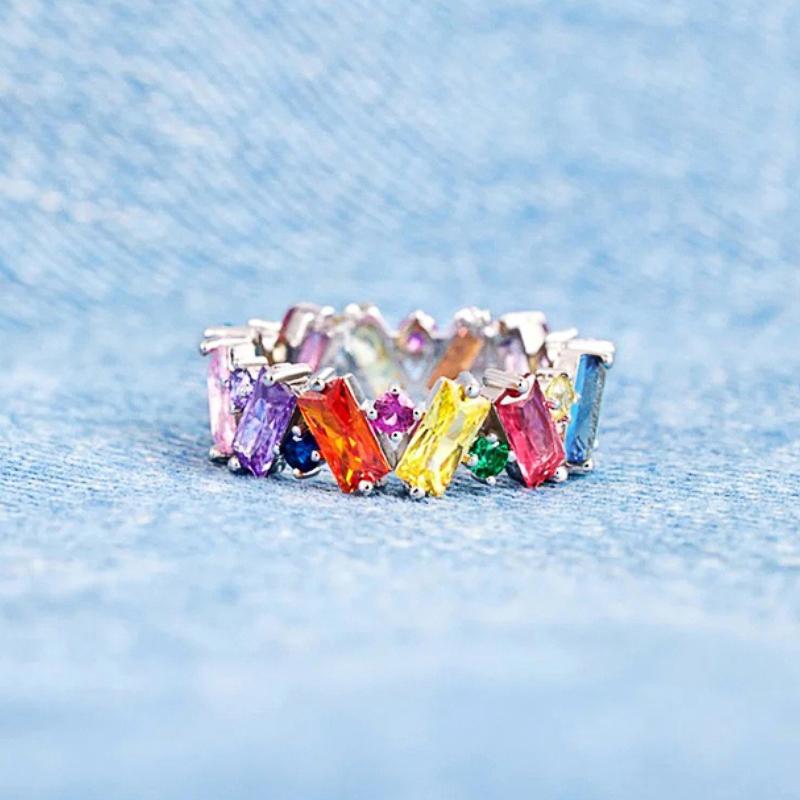 Геометрическое яркое многоцветное кольцо с камнями CZ Модное украшение на палец для молодой леди Трендовое обручальное кольцо Ювелирные изделия для женщин