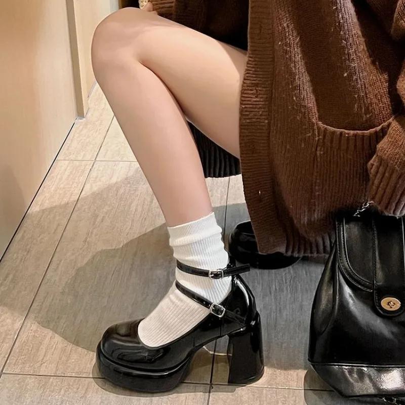 High Heels Women's Spring Autumn Pumps Shoes Red Black Retro Thick Soled Jane Ankle Buckle 9cm Chunky