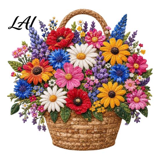 DIY Craft Kit with Precut Fabric Floral Basket Patchwork Kit Sewing Pre-cut Fabric Flower Project for Adults Handmade Home Wall Art Decor