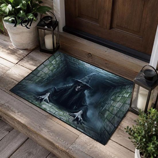 3D Depth Pattern Rug Halloween Entrance Rug, Spooky Skeleton Floor Mat Non-slip Absorbent Door for Front Bathroom Entryway Doormat Porch