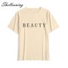 Shellsuning Летние повседневные футболки с круглым вырезом Женская одежда Свободные футболки с буквенным принтом женские простые хлопковые белые топы с короткими рукавами