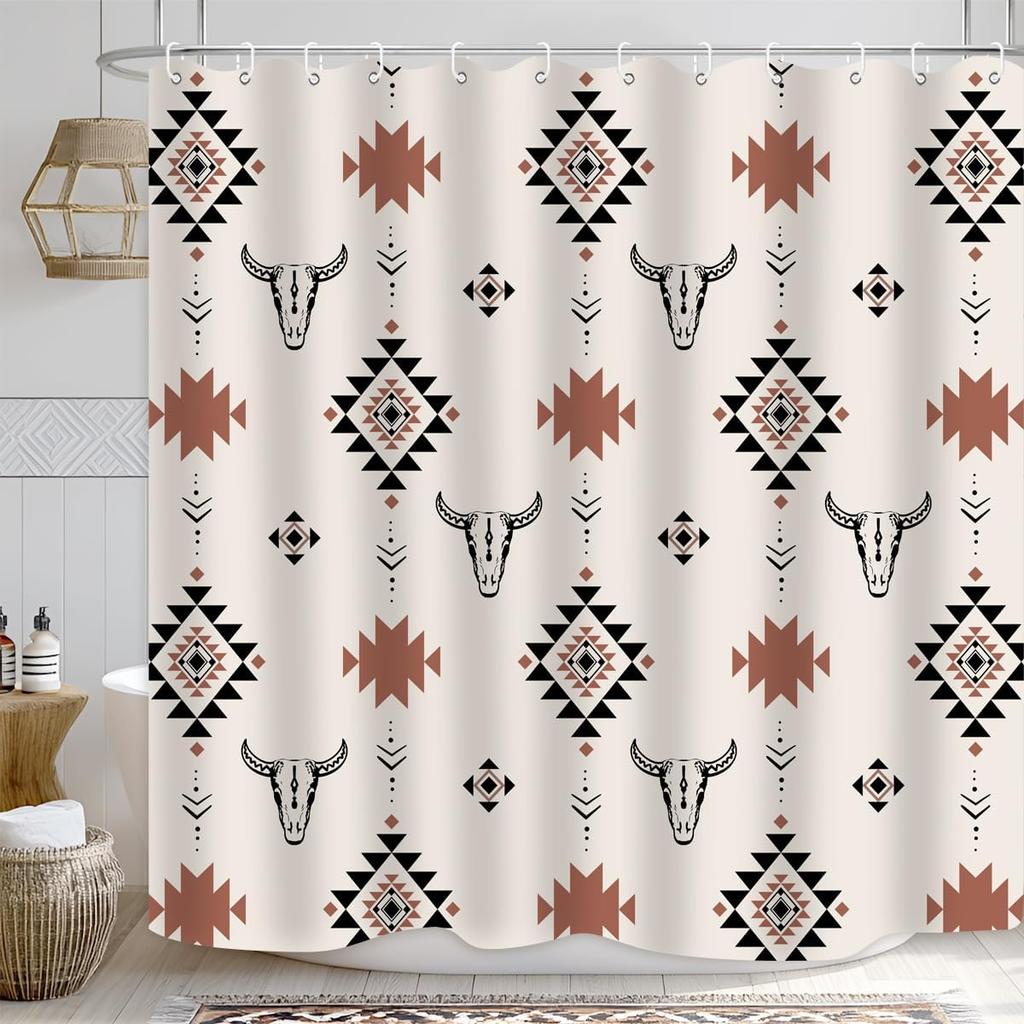 Western Aztec Shower Curtain Vintage Boho Head Geometric Rustic Native American Tribal Abstract Beige Bathroom Decor Polyester