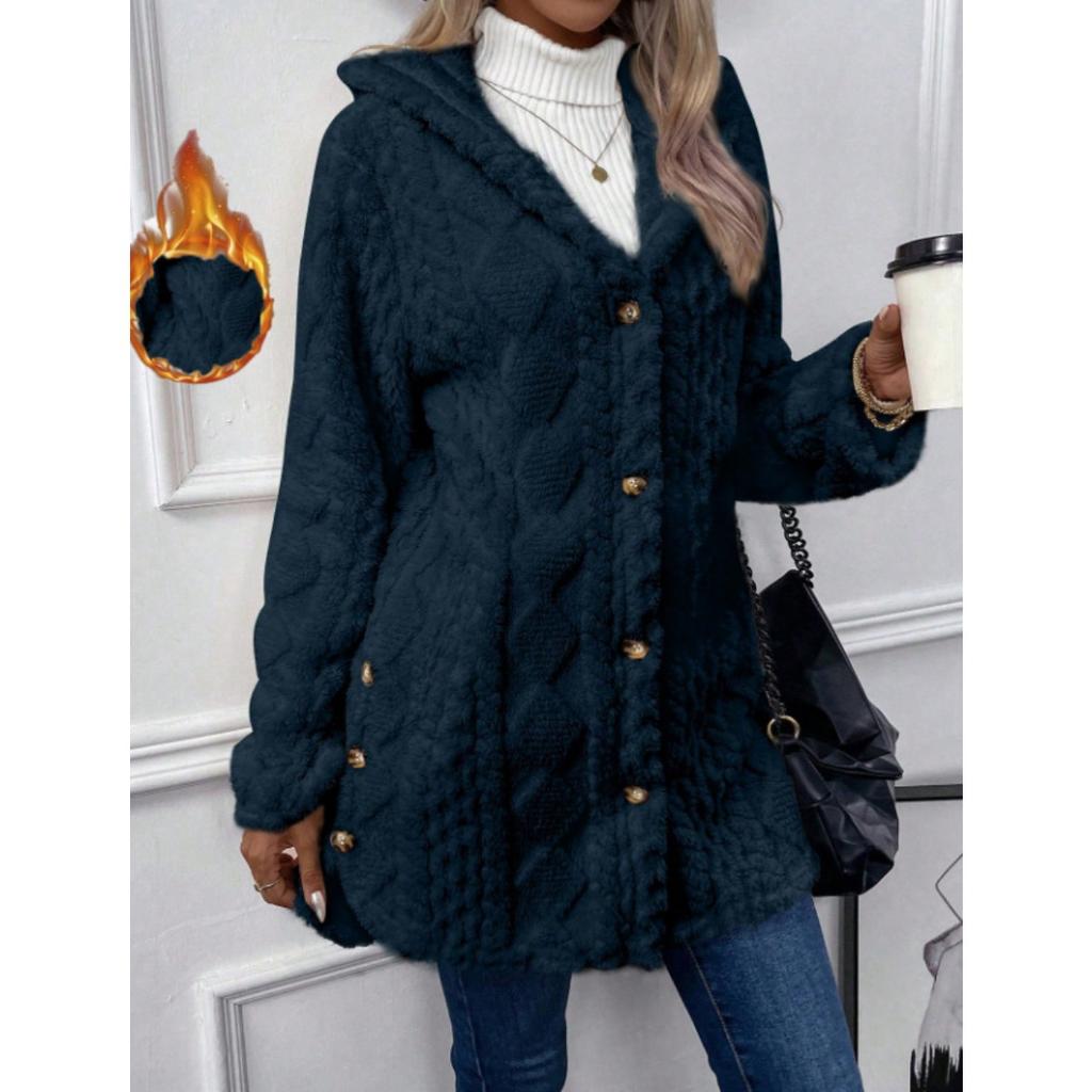 Autumn and Winter Hooded Solid Color Cardigan Button Long Sleeved Casual Fleece Jacket