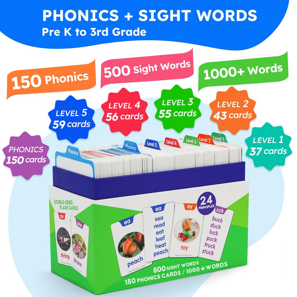 650 Sight Words & Phonics Flash Cards, Learn To Read CVC, Blends, Long Vowel Sounds, Dolch & Fry High Frequency Site Words