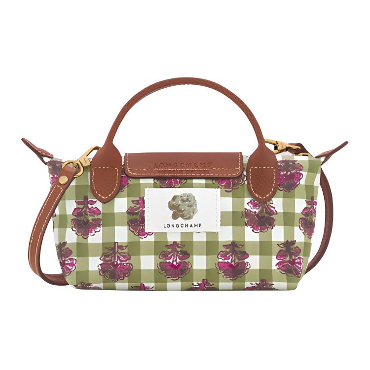 Longchamp Le Pliage Коллекция Классика Клетчатый Рисунок Холст Сумка-пельмень Мини Женская Сумка на Плечо Артишоково-Зеленый 34205HGGM04