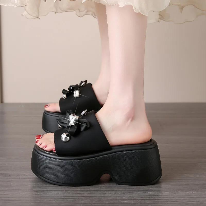 Fashion 8CM Women's Crystal Flower Platform Slides Bowtie Sandals Wedge High Heel Summer Crystal Beach Slippers Comfortable Lady Shoes