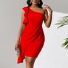 D393 Women's Summer Fashion One-Shoulder Ruffle Pencil Skirt Dress