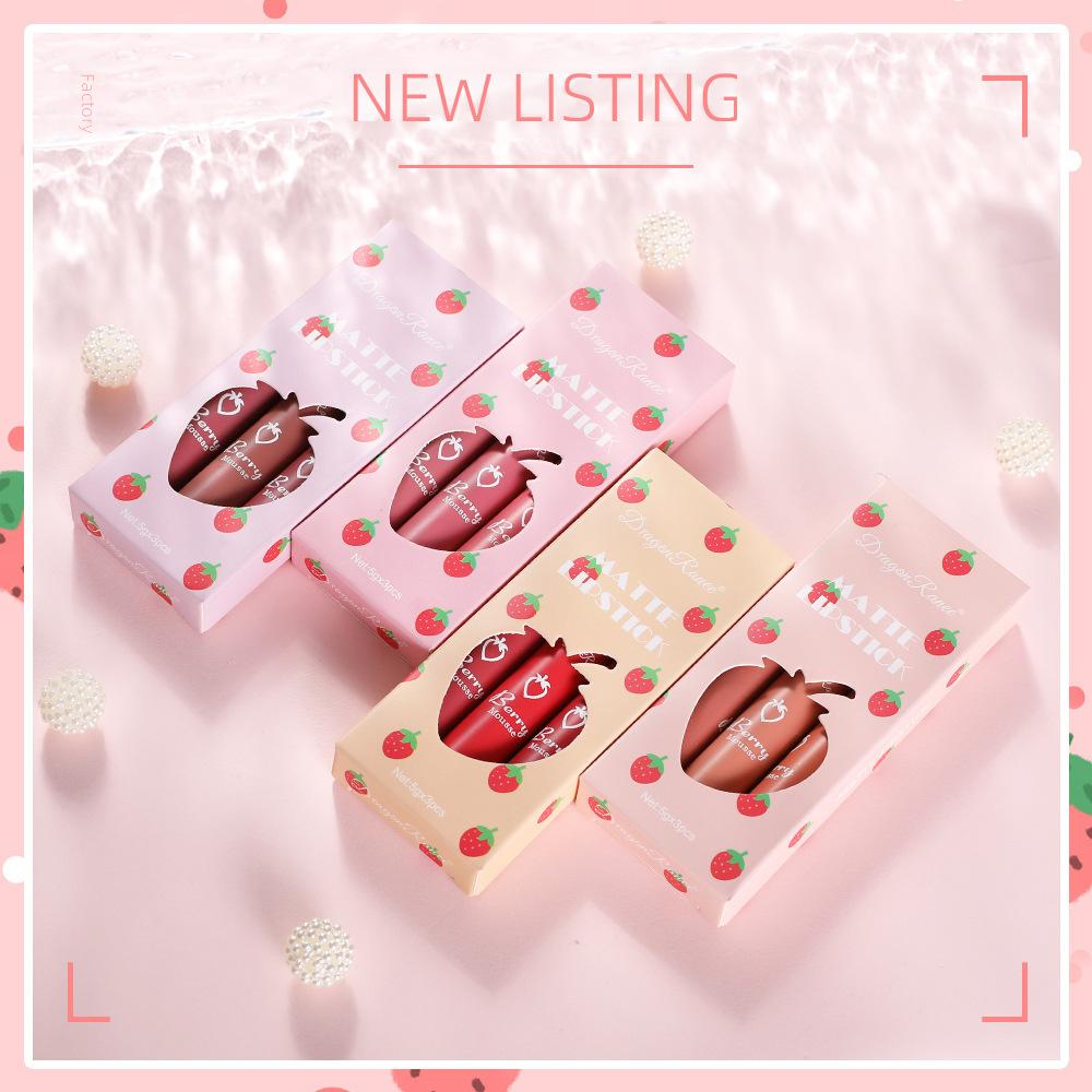 Набор из 3 блесков для губ Strawberry Set Box Velvet Fog Matte Lip Glaze Lipstick Lip Gloss Womens Antistick Cup Cute Set