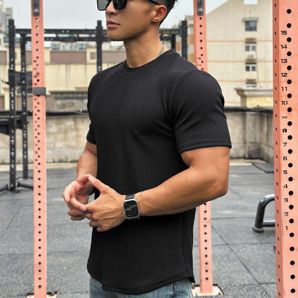 Men's Slim Fit Meteor Pattern T-Shirt - Trendy Solid Color Round Neck Short Sleeve for Summer Fitness