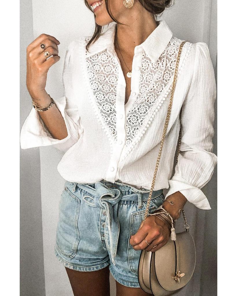 Azura Exchange Lace Hollow-out Splicing Crinkled Shirt