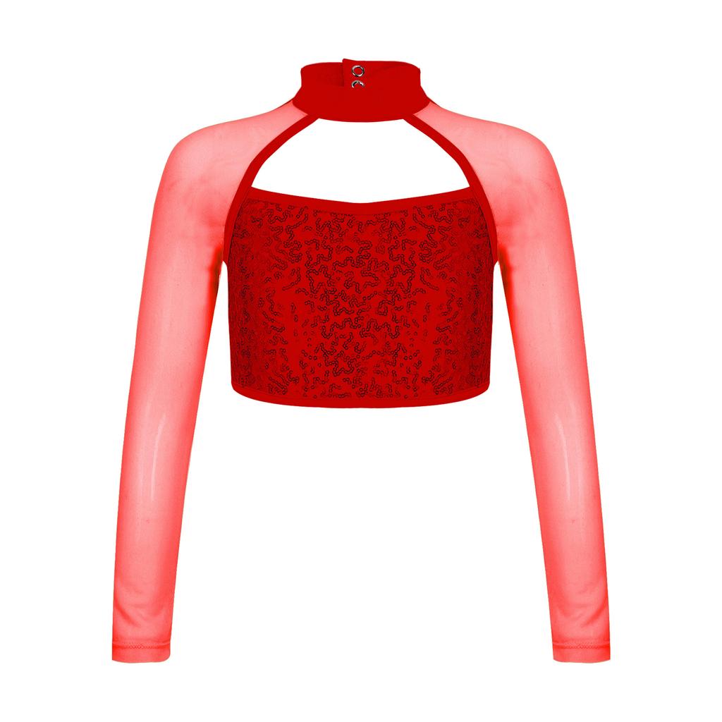 Костюм для танцевальной гимнастики, детский укороченный топ с длинными рукавами и блестящими пайетками для девочек, с открытой спиной