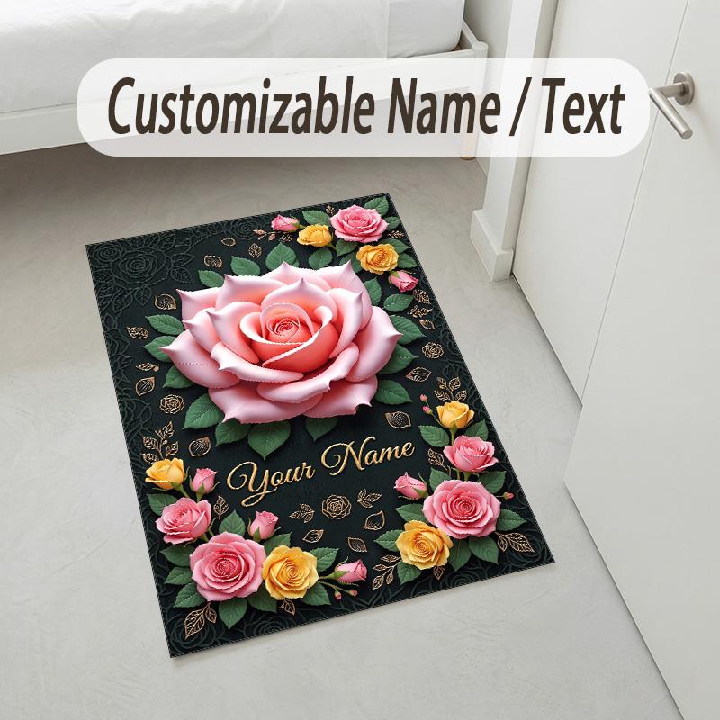 Roses Elegance Theme Soft Crystal Velvet Rug Custom Name & Text Print Non Slip Floor Rug for Bedroom Living Room