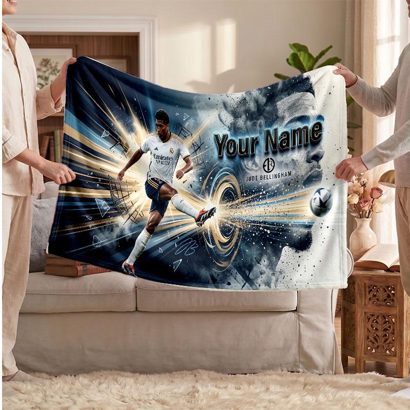 Jude Bellingham Personalized Fleece Blanket With Football Logo, Custom Name Text Soft Warm Home Throw Blanket