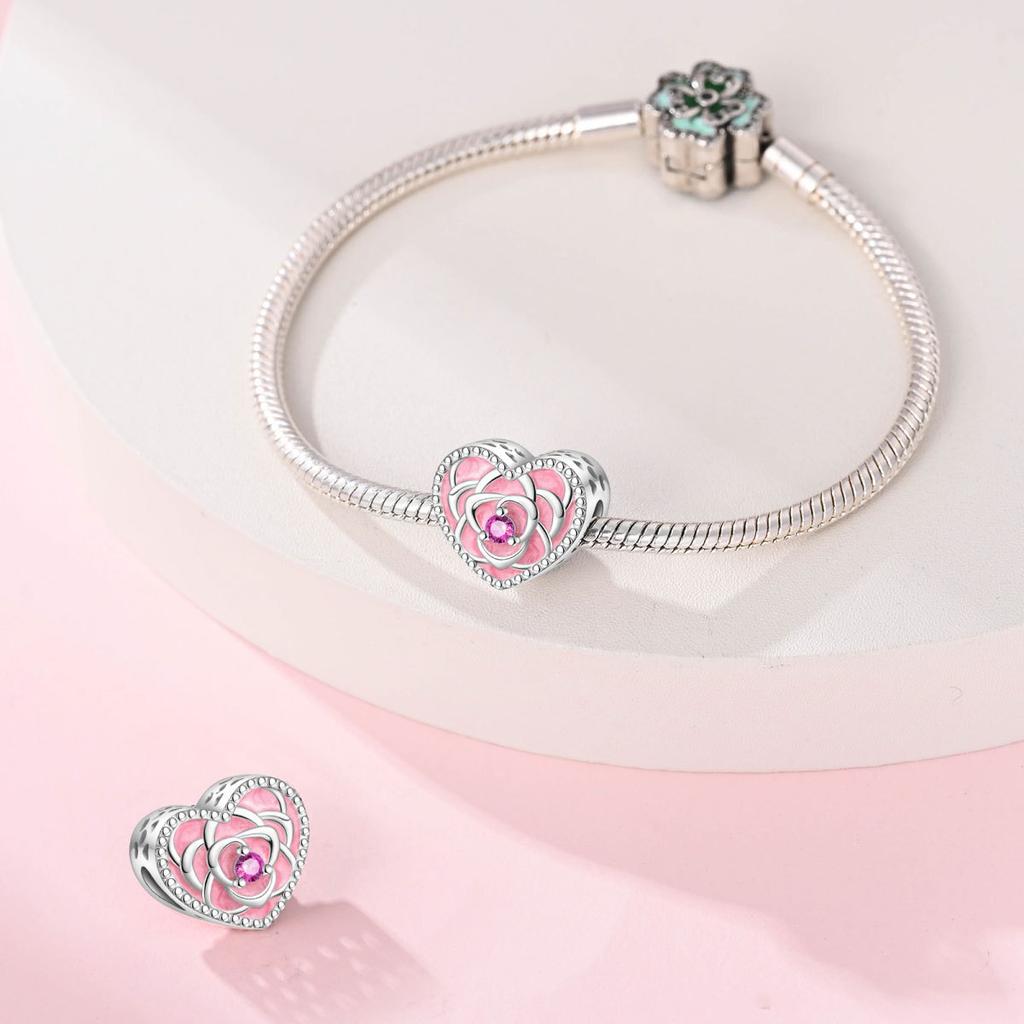 S925 Silver Charm Pendant Beads Romantic Heart Rose Beads DIY Jewelry Bracelet Accessories