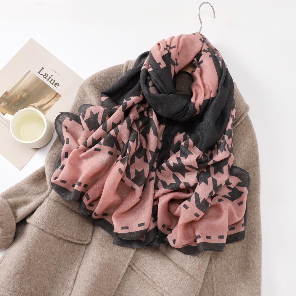 Autumn Cotton and Linen Travel Silk Scarf Female Korean Version of The Thousand Birds Grid Elegant Fashion Versatile Sunscreen Windproof Scarf