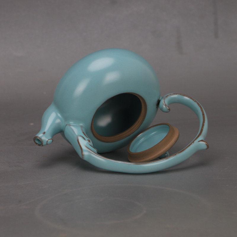 Ru Kiln Blue Glaze Dragon Handle Kettle: Song Dynasty-Style Porcelain Antique Ornament.
