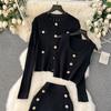 Autumn Winter Women Elegant Gold Button Knitted Sweater 3 Piece Set Single Breasted Jacket Coat Vest Long Midi Sheath Skirt Outfits