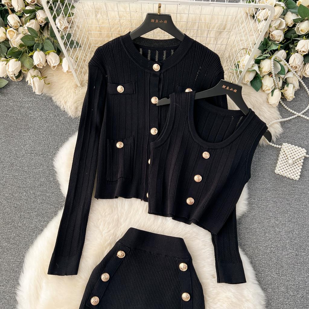 Autumn Winter Women Elegant Gold Button Knitted Sweater 3 Piece Set Single Breasted Jacket Coat Vest Long Midi Sheath Skirt Outfits