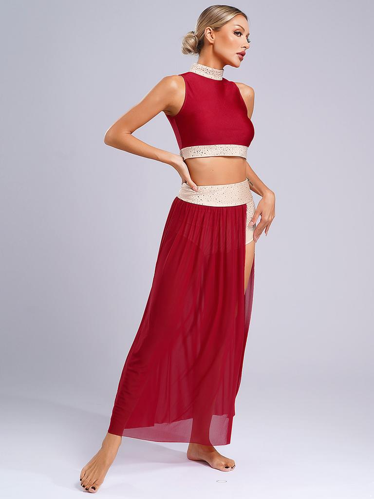 Женский комплект из 2 предметов с вырезом для бальных танцев, современных лирических танцев, катания на коньках, сценического выступления, длинное платье с разрезом сбоку, юбка макси-платья