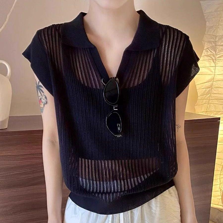 Модная футболка с коротким рукавом и лацканами в стиле колор-блок для женщин, летний новый стиль, элегантный и стройнящий вязаный топ