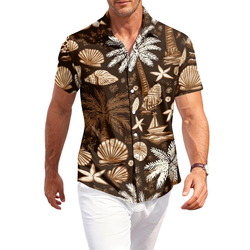 Men's Casual Loose Fit Hawaiian Print Short Sleeve Shirt Button Down Beach Vacation Shirt Lightweight Breathable Summer Top