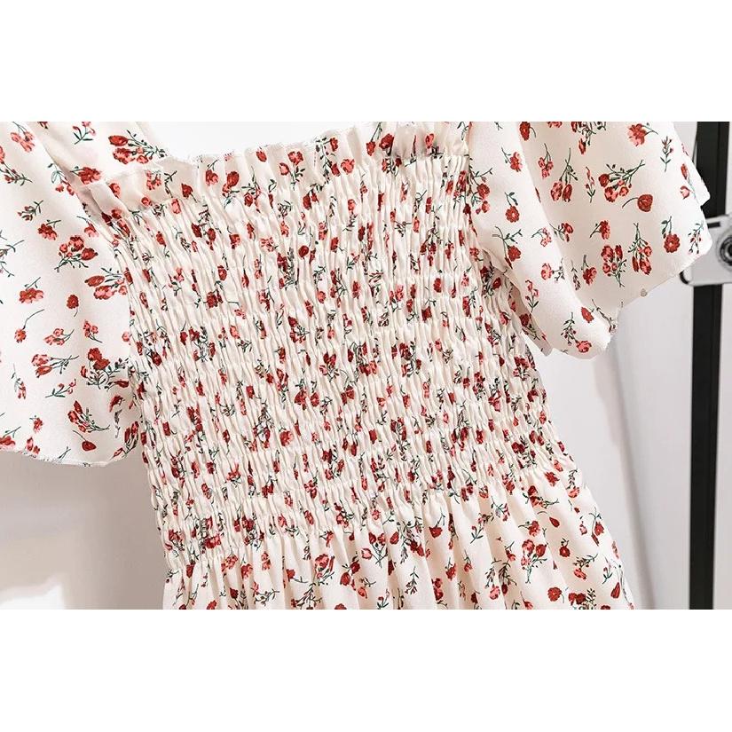 Spring Summer Chiffon Dress Women Midi DressesFemale Short Sleeve Elastic Waist Printed Floral Pleated Backless Casual Dress