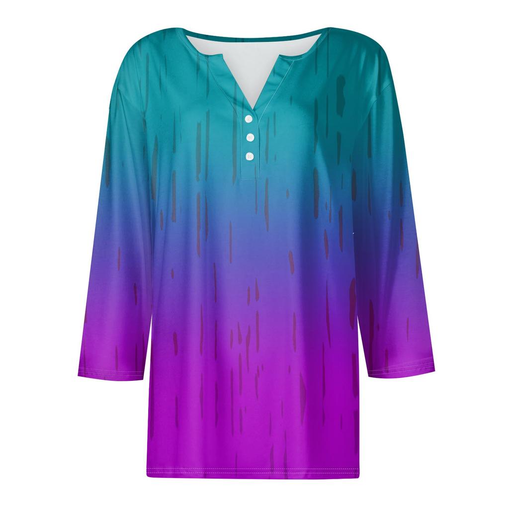 Жен. Футболка Футболка С принтом Пуговицы Рукав 3/4 Повседневные Выходные Мода Классический Классический V-образный вырез Обычный Верх