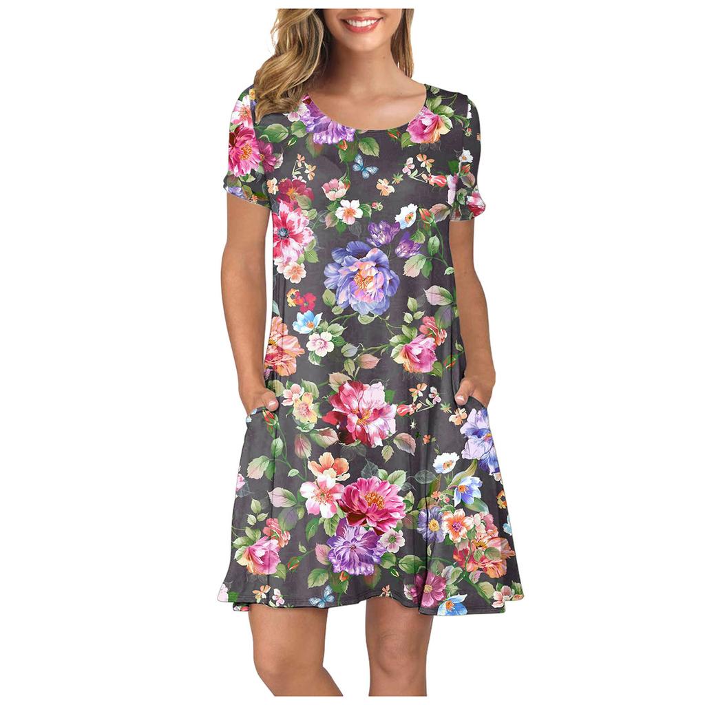 Women Summer Short Sleeve Flower Printed Pockets Sundress Casual Swing Dress