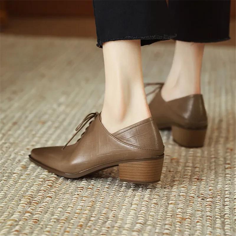 Мода 2024 Новая Мода Женские Туфли-Лодочки Острый Носок Летняя Обувь Массивный Каблук Шнуровка Лоферы Обувь для Женщин Ручная Работа Ретро Женская Обувь