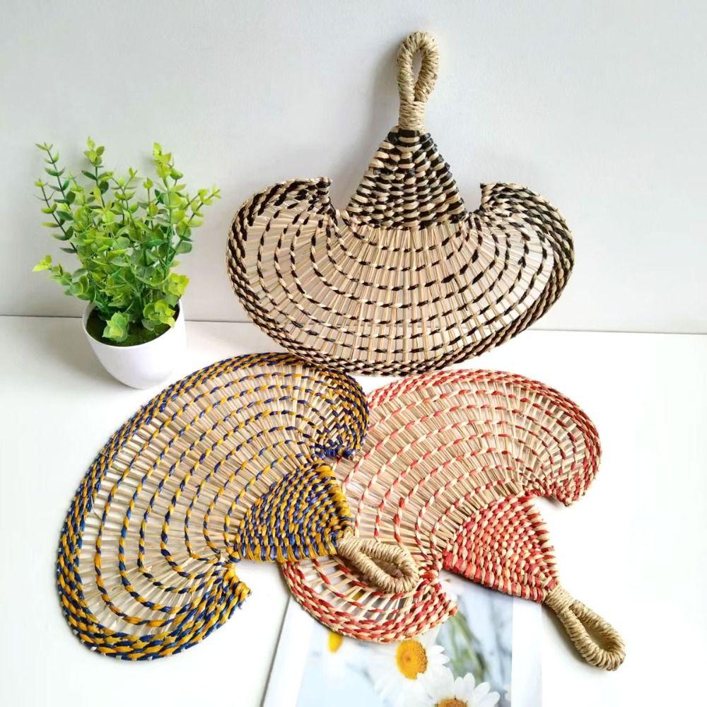 Gift Colorful Hand-woven Straw Fan Bohemian Anti-Mosquito Decorative Handmade Fan Portable Vintage Cattail Fan Beach