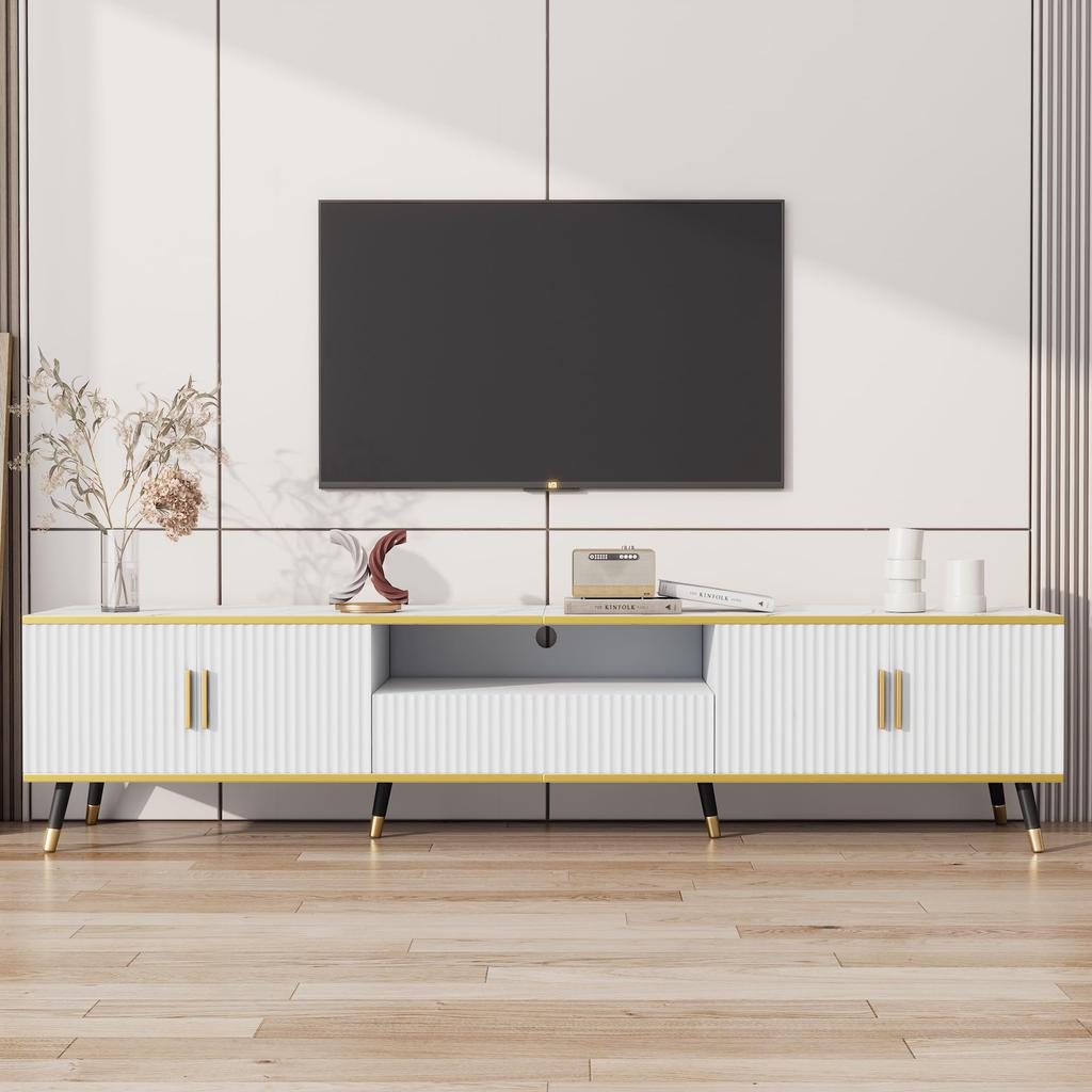 TV Schrank, 4 Fächern 1 Schublade Offenes Fach, Moderner Lowboard 90 Zoll TVs, TV Board Sideboard Möbel Wohnzimmer Esszimmer, 200x40x46cm, Weiß