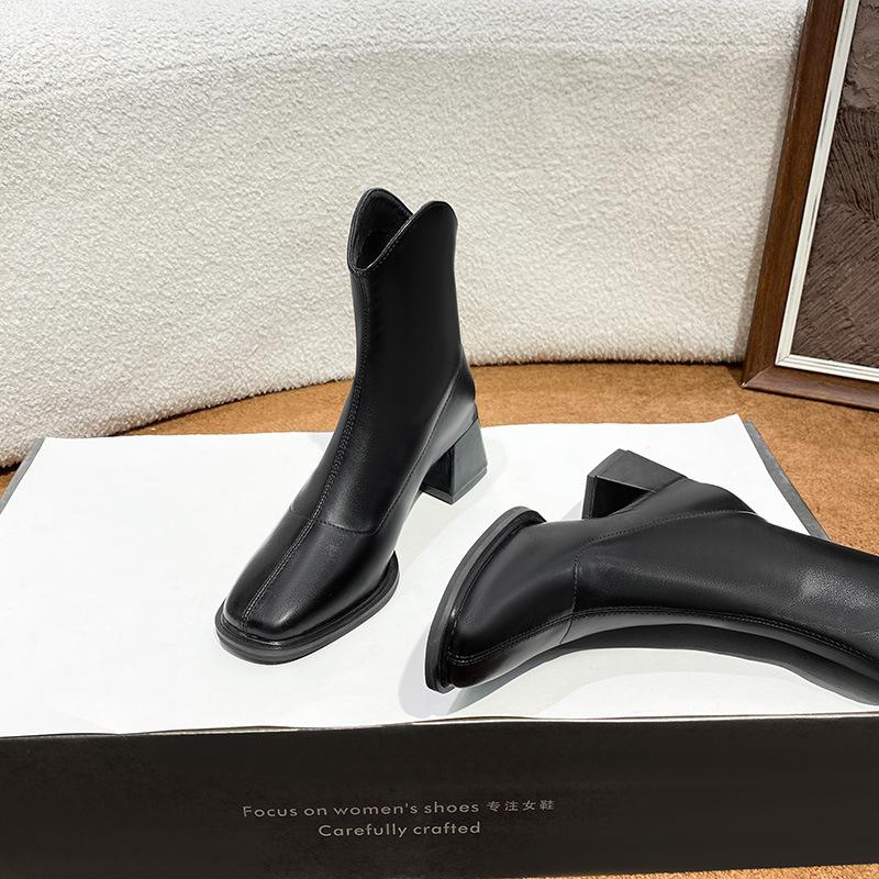 White Short Boots Women's Martin Boots Autumn and Winter New Square Head Thick Heel Small Short Boots Thin Boots High Heel Small Bare Boots